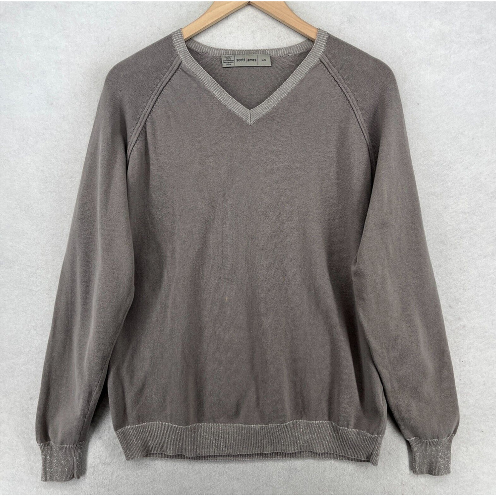 SCOTT JAMES Sweater Mens Medium Pullover V-Neck Long Sleeve Cotton Light Gray